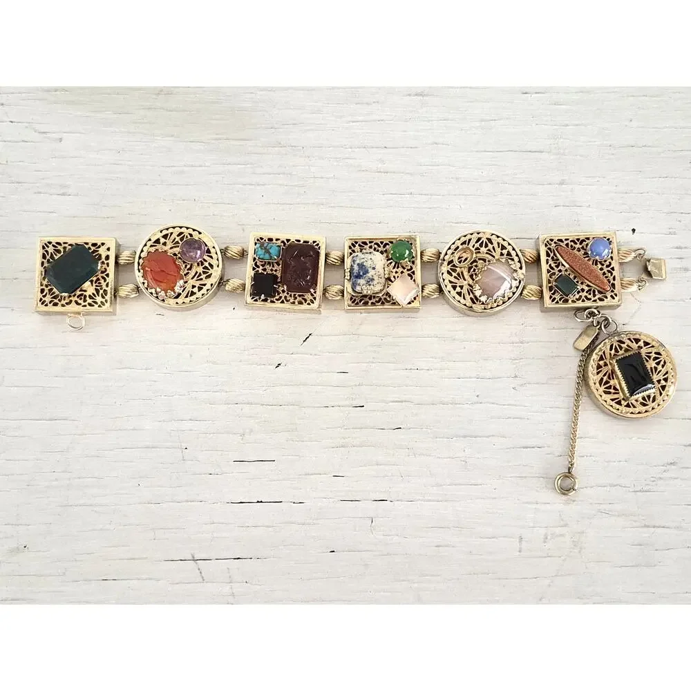 Vintage Kafin New York Chunky Ornate Multi-color Stone Panel Bracelet